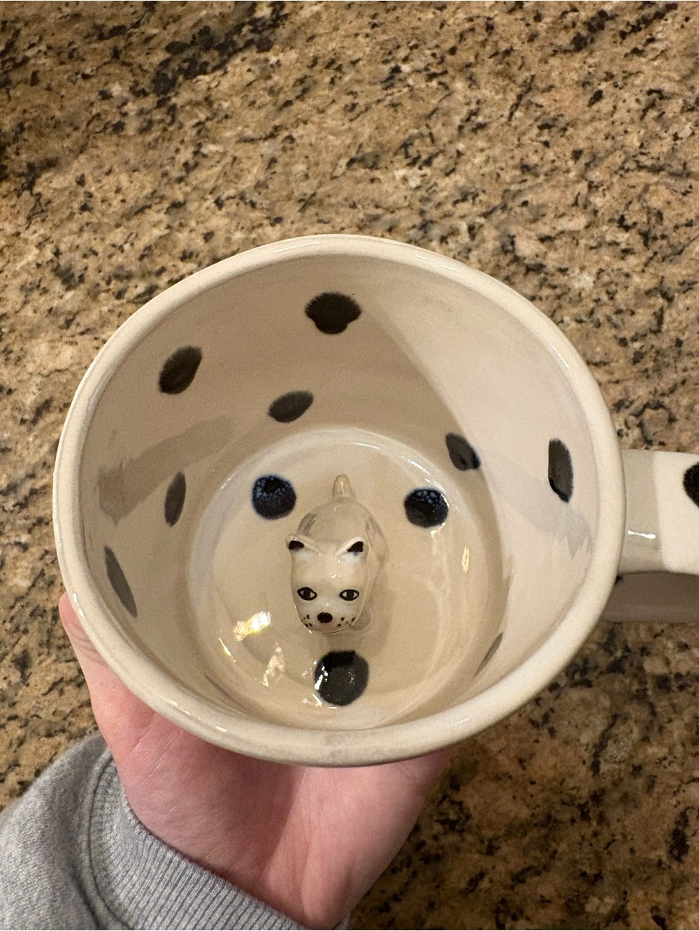 Anthropologie White Mug with Black Polka Dots and Hidden Dog Figurine